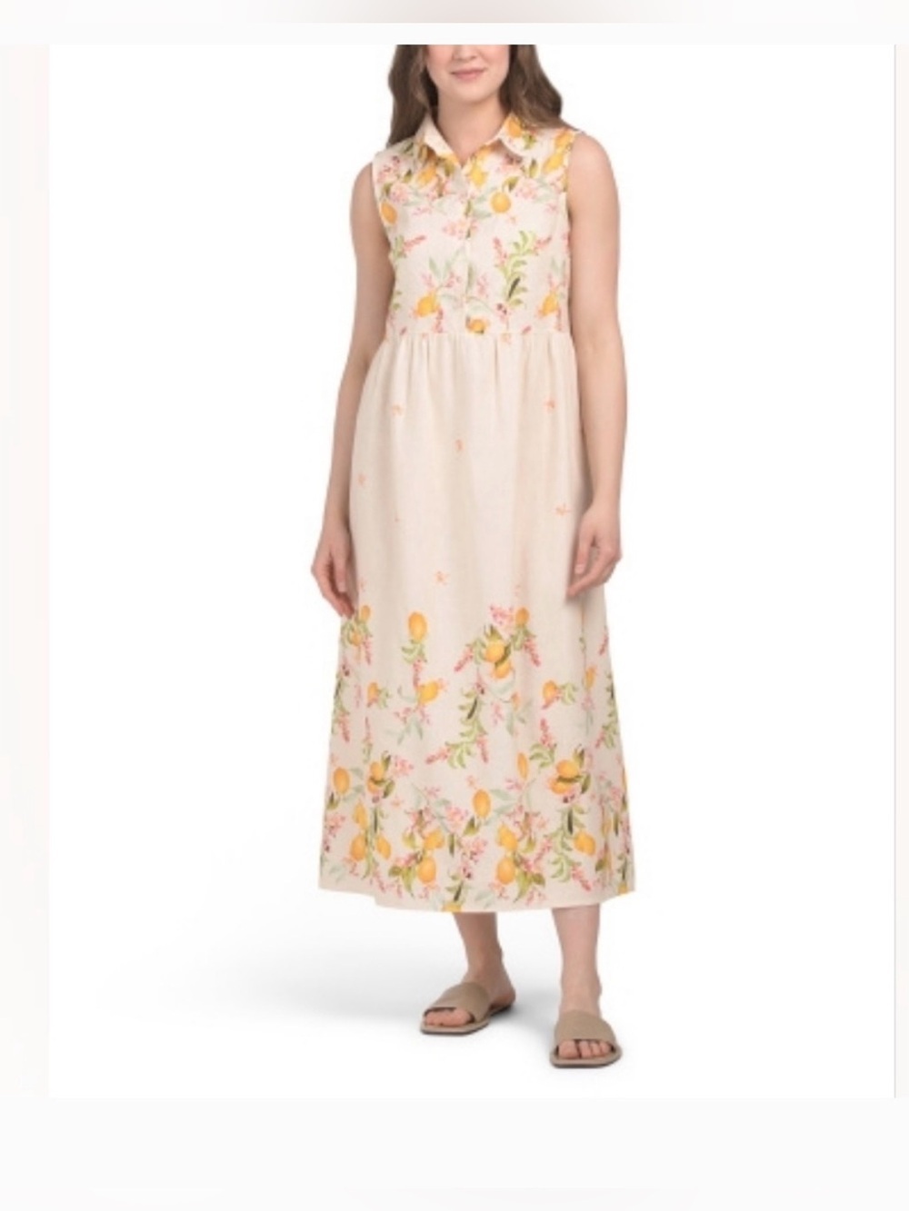 LE RAGAZZE ITALY LINEN BLED LT. PEACH LEMON PRINT COLLARED MAXI DRESS SIZE S!!